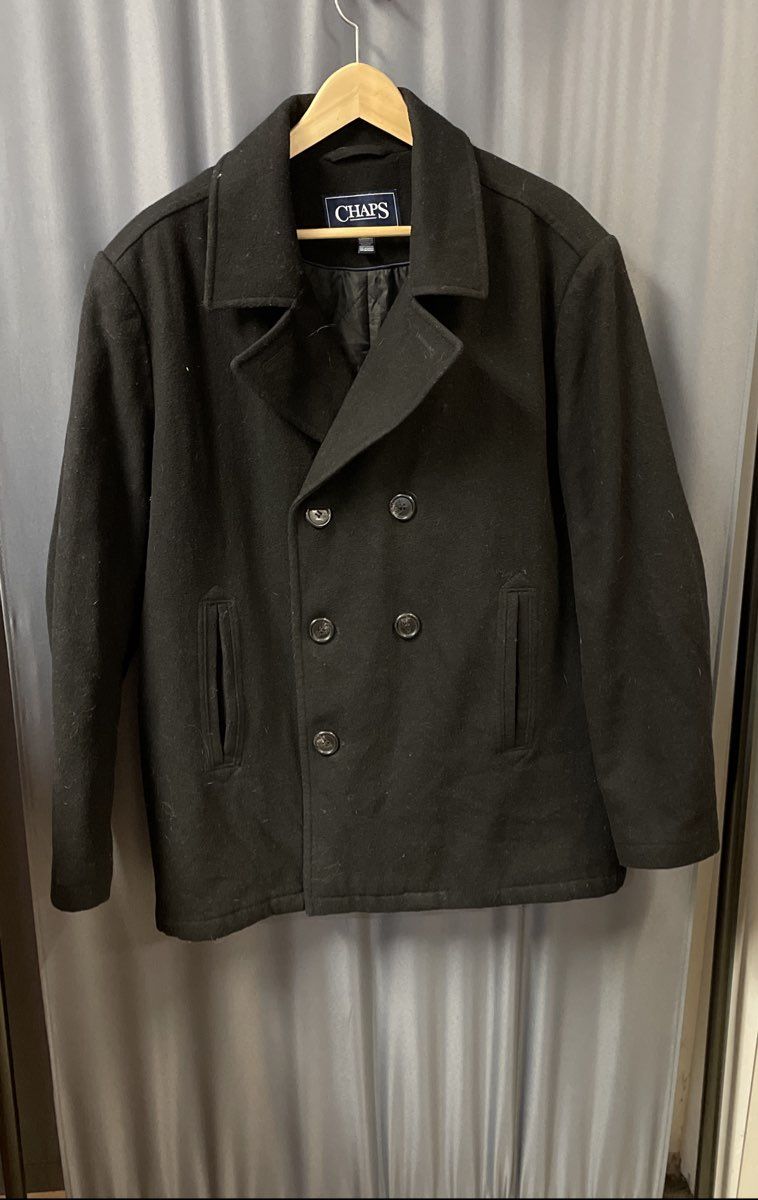 Chaps Men's Black Wool Blend Double Breasted Pea Coat Jacket Sz L
