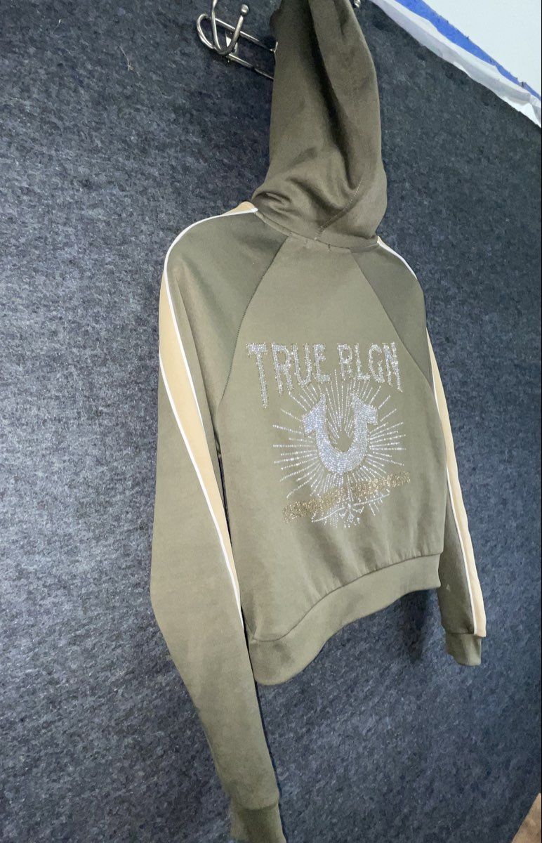 True Religion Women's Olive Green Rhinestone Cropped Full Zip Hoodie Sz S