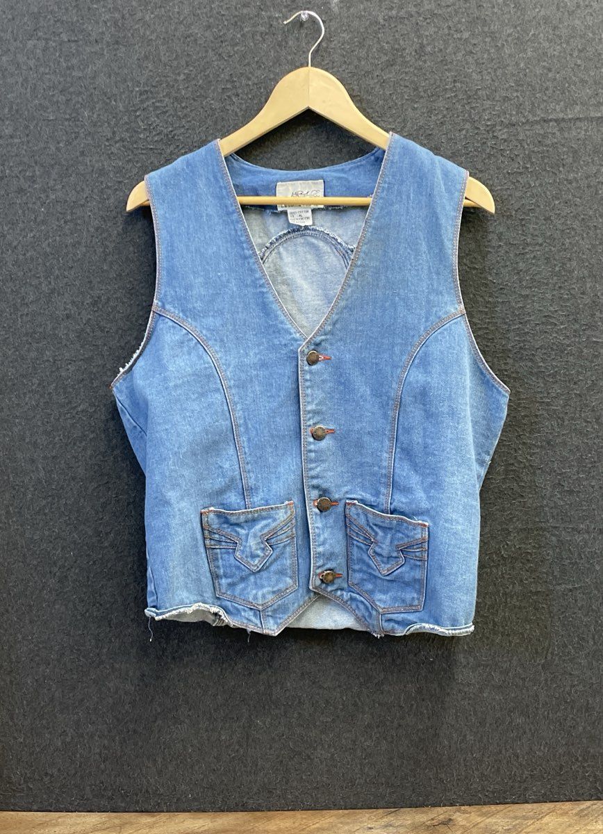 L'Avion Men's Vintage 90s Denim Vest Blue Cotton Frayed Hem Sz XL