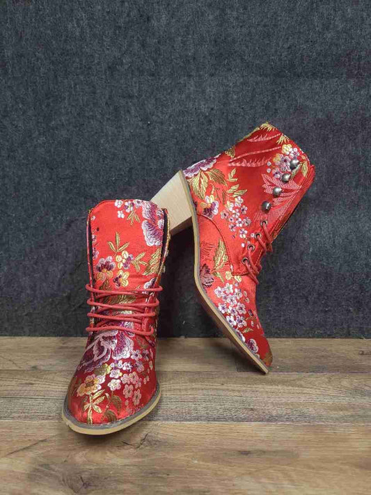 Red Floral Brocade Lace Up Pointed Toe Ankle Boots Women's Size 41