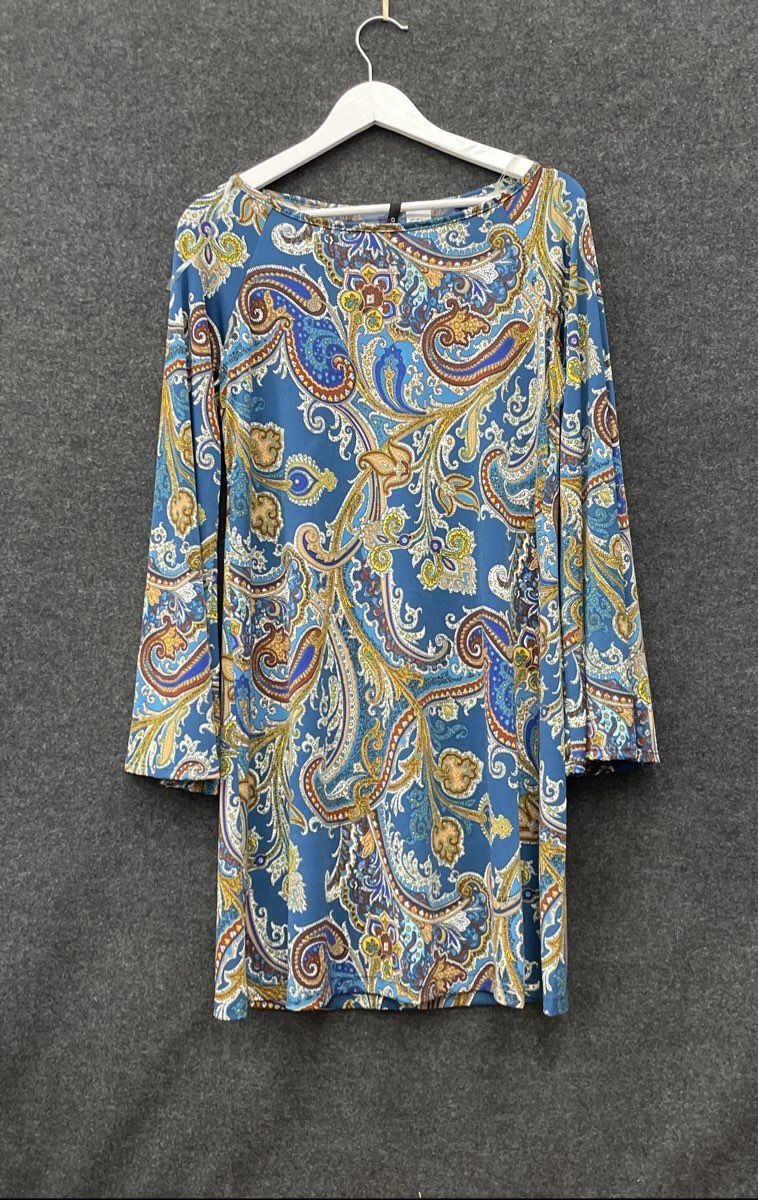 Chiasso Women's Blue Multicolor Paisley Bell Sleeve Boat Neck Mini Dress Sz S