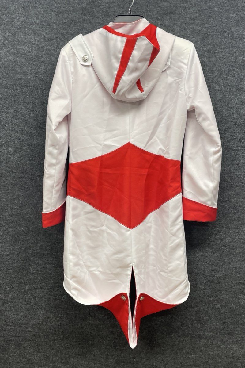 White Red Asymmetrical Zip Hooded Cosplay Tailcoat Jacket Silver Crest Buttons