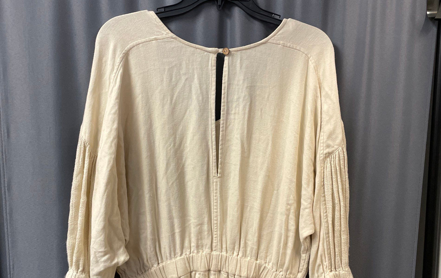 Free People Women's Skyline Jumpsuit Beige Linen Blend Puff Sleeve Pleated Sz XS