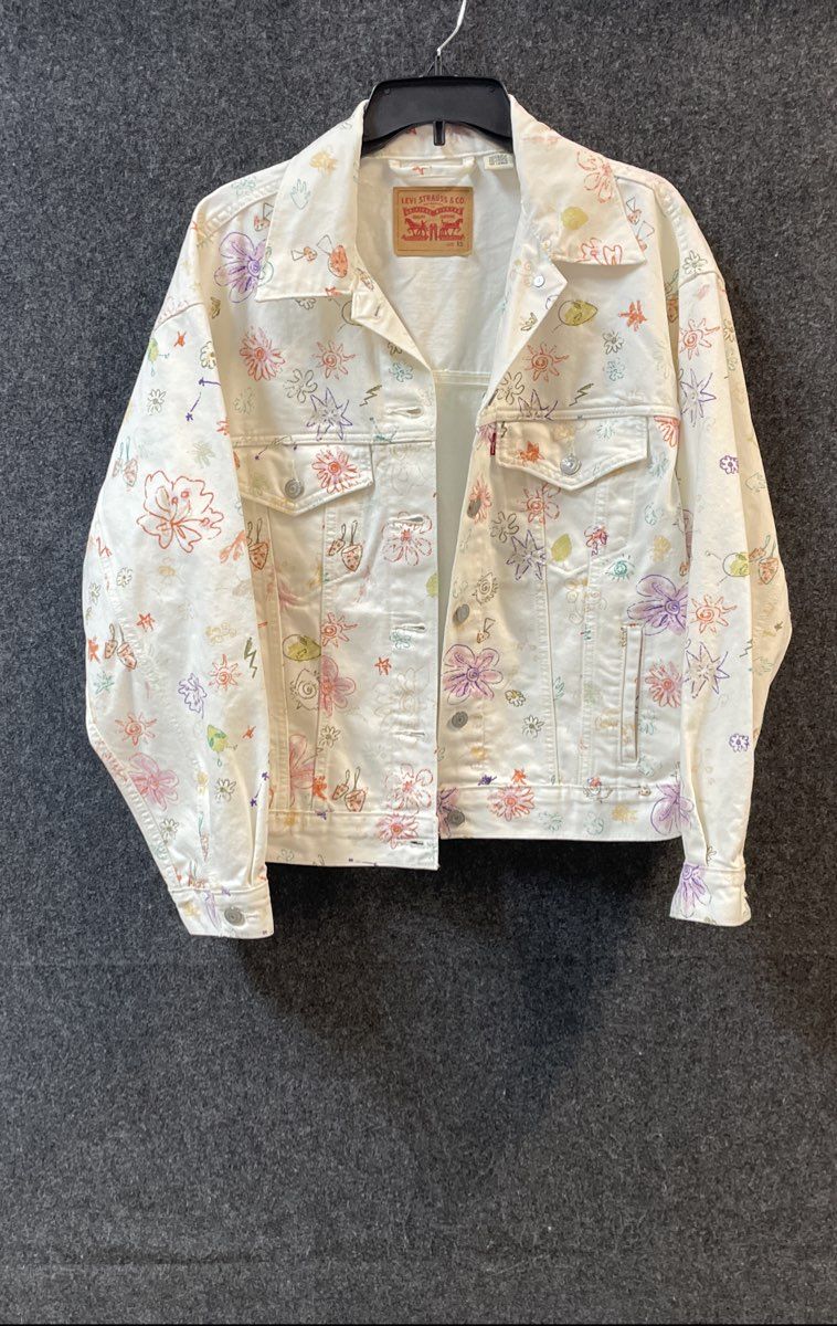 Levi's Women's White Multicolor All Over Doodle Print Denim Trucker Jacket XS