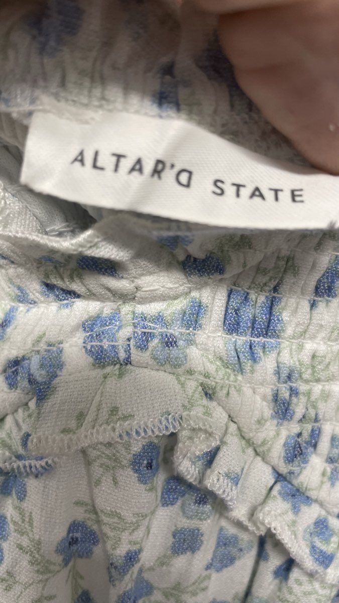 Altar'D State Women's Regina White Blue Floral Smocked Tiered Mini Dress Sz L