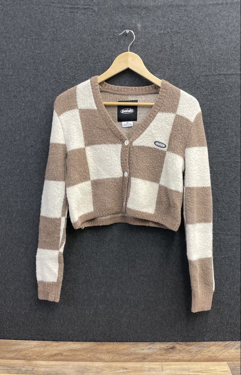 Petals Women's Fuzzy Cardigan Brown White Checkerboard Cropped Sweater Sz XS