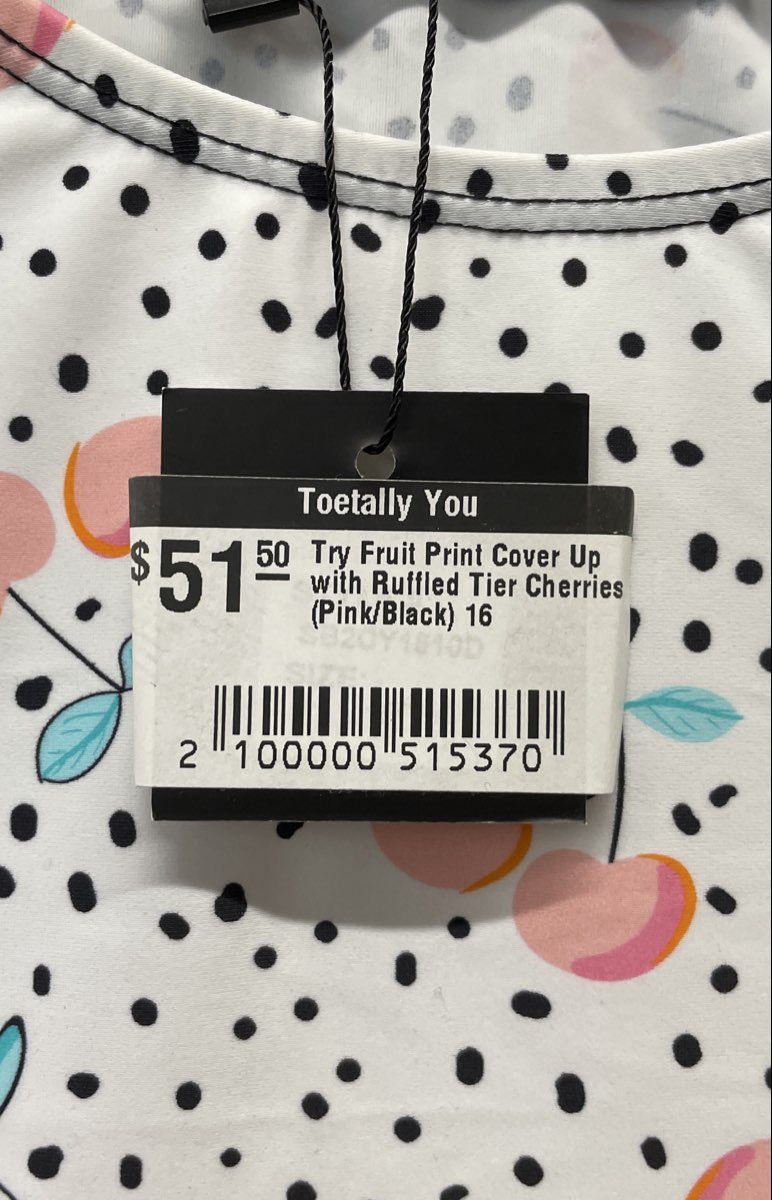 TRY Women's Fruit Print Cover Up Dress White Black Cherry Ruffled Tier Sz 16 NWT