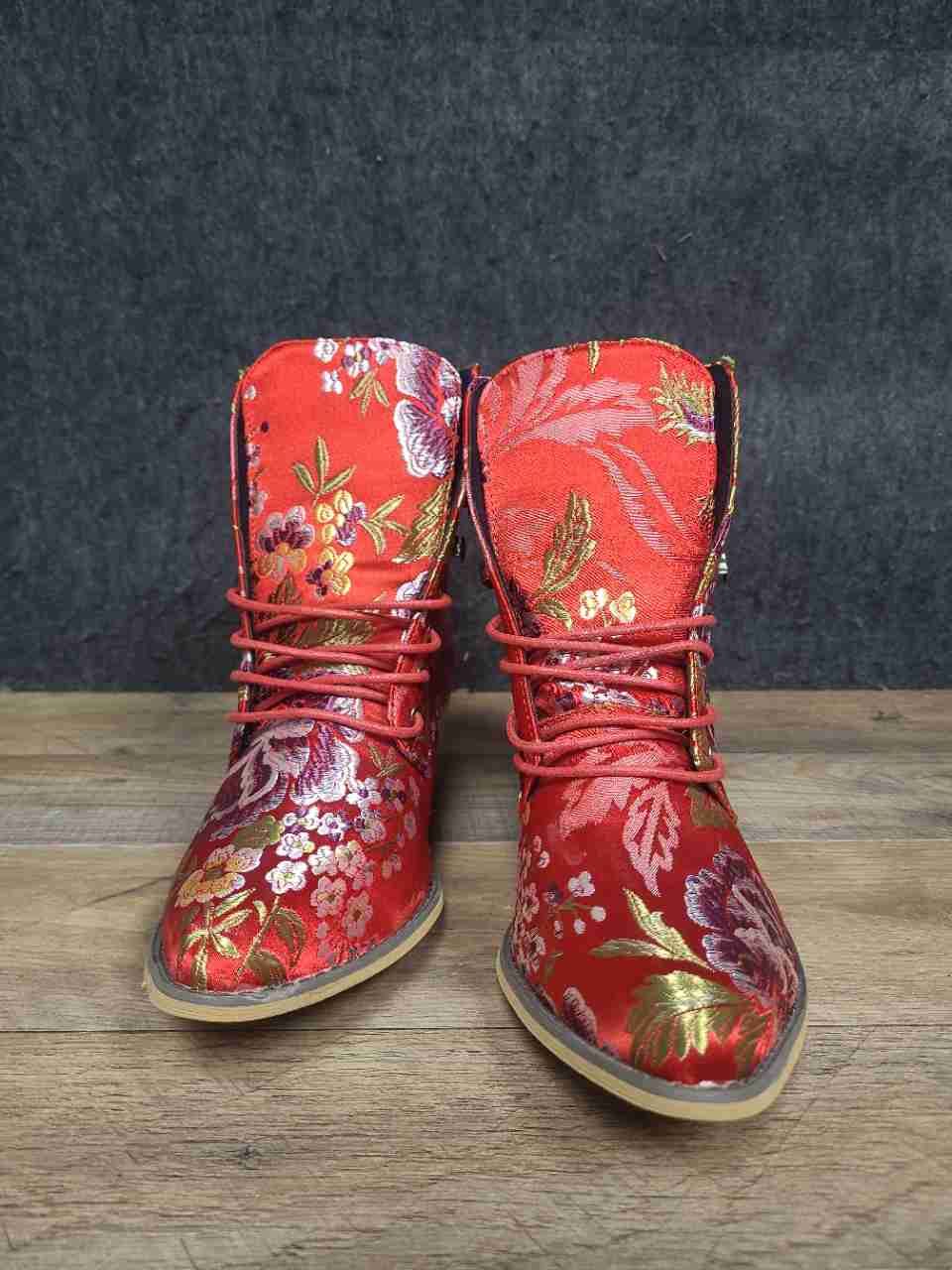 Red Floral Brocade Lace Up Pointed Toe Ankle Boots Women's Size 41