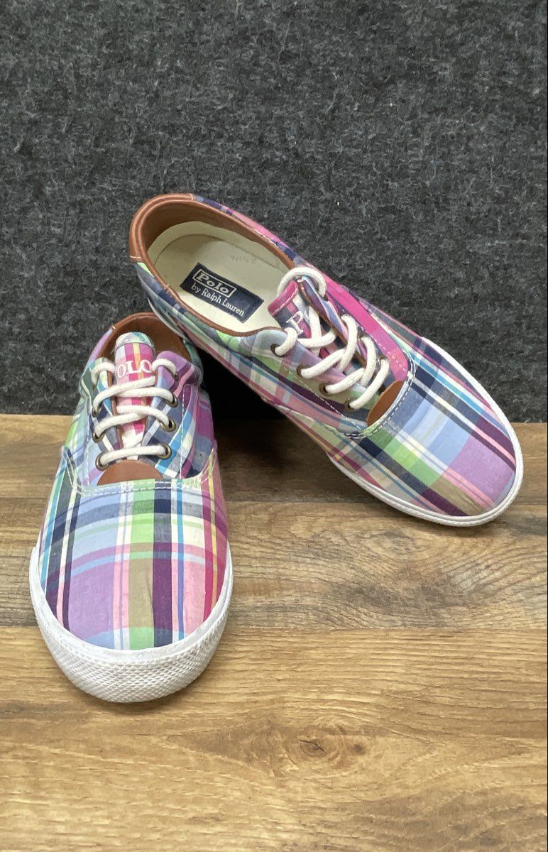 Polo Ralph Lauren Vaughn Pink Multi Plaid Canvas Sneakers Size 5.5 Junior