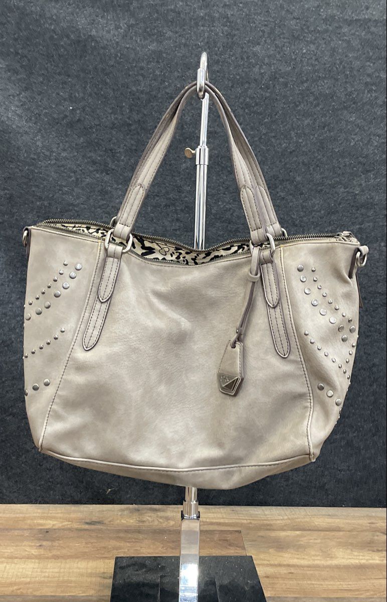 Jessica Simpson Grey Faux Leather Studded Tote Bag Large Silver Hardware