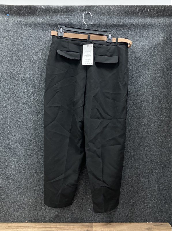 Zara Women's Black Pleated Straight Leg Trousers With Belt NWT Sz L