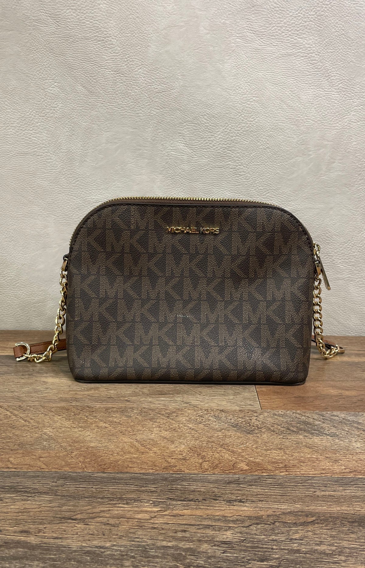 Michael Kors Brown Jet Set Travel Logo Dome Crossbody Bag Gold Hardware