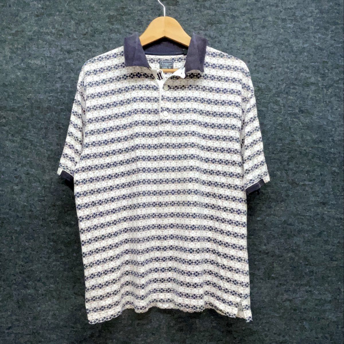 Haggar Men's Cool 18 Polo Shirt Blue Gray Diamond Stripe 100% Cotton Size L