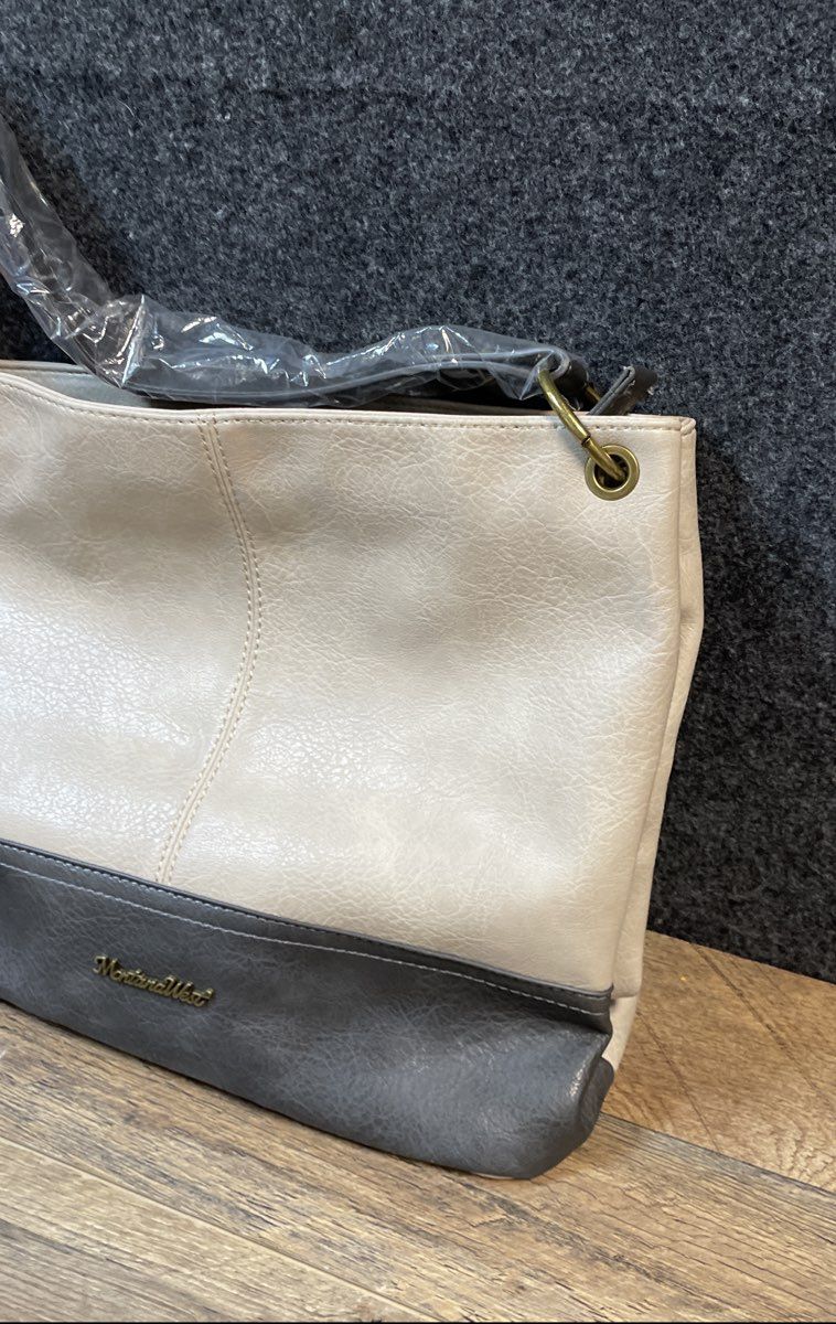Montana West Grey Cream PU Leather Shoulder Bag Hobo Purse NWT Brass Hardware
