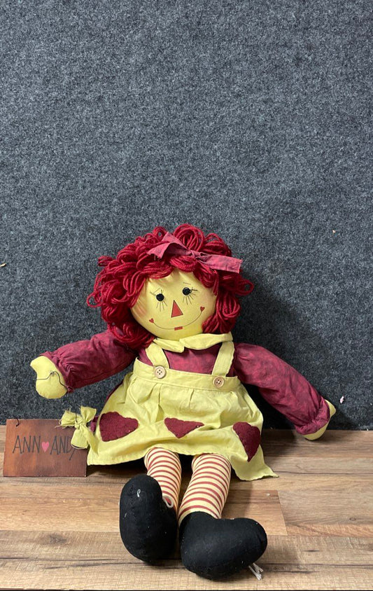 Vintage 90s Raggedy Ann Primitive Country Style Plush Doll Yarn Hair 22 Inch
