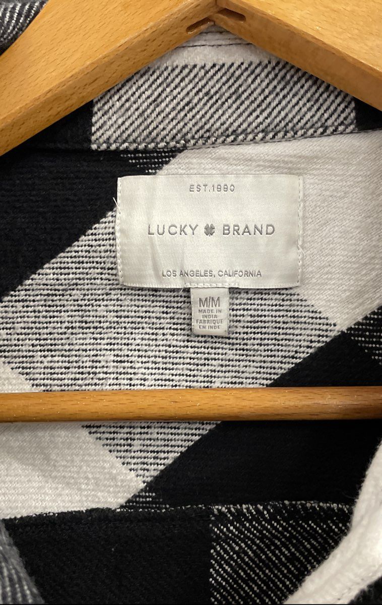 Lucky Brand Women's Black White Buffalo Plaid Flannel Shacket Shirt Jacket Sz M