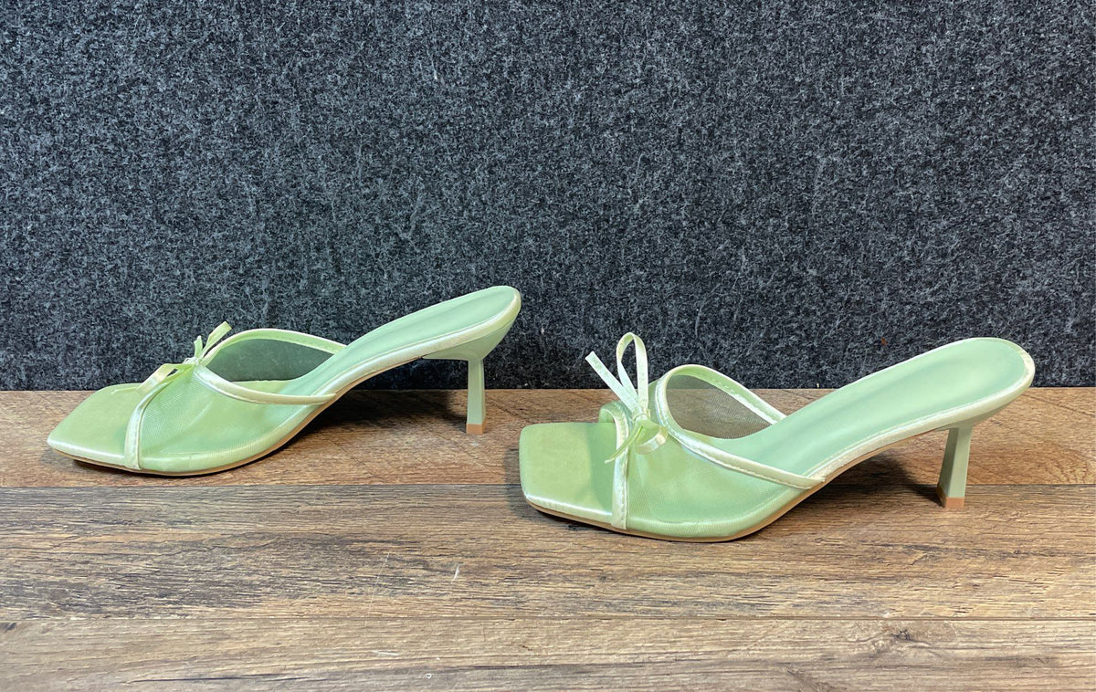 Mint Green Satin Mesh Bow Square Toe Slide Sandals Mules Women's Size 40