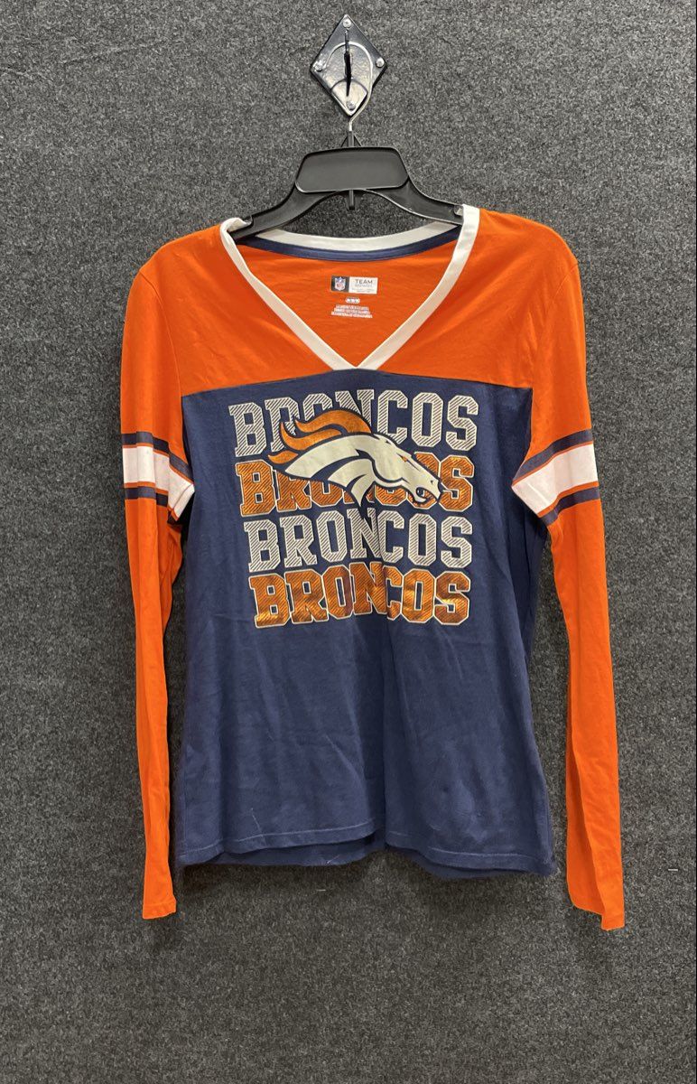 NFL Team Apparel Women's Denver Broncos Long Sleeve V-Neck T-Shirt Blue Orange M