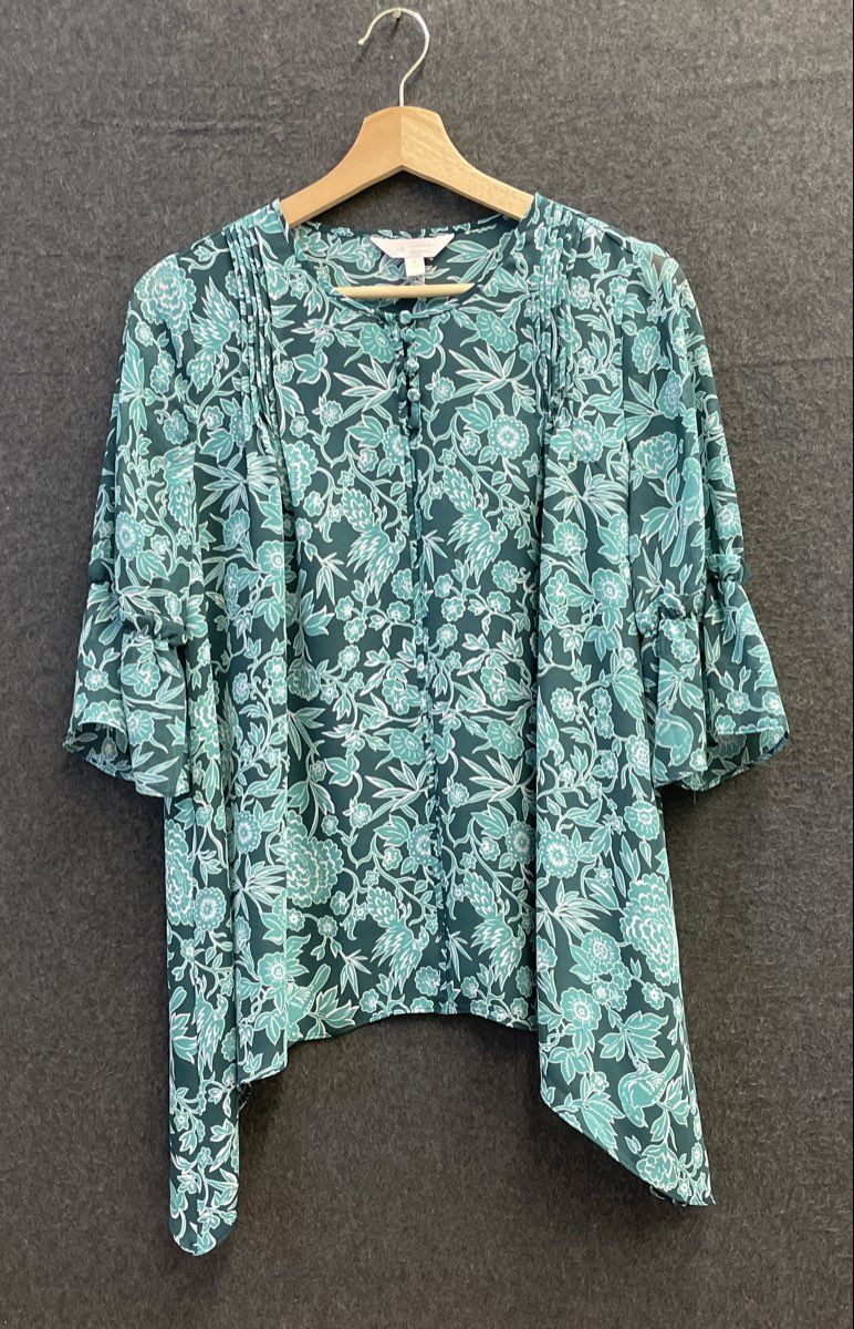 LC Lauren Conrad Women's Green Floral Handkerchief Hem Ruffle Sleeve Top Sz S