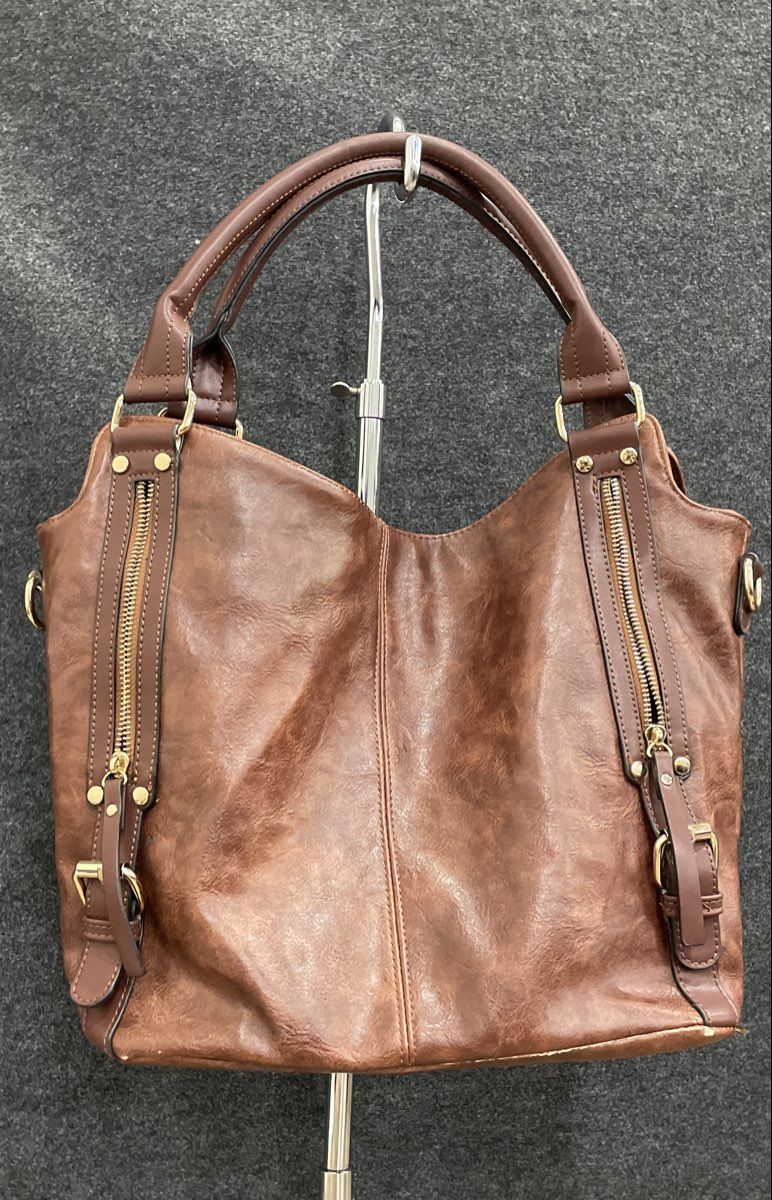 Brown Leather Tote Handbag Distressed Gold Hardware Buckle Accents Purse