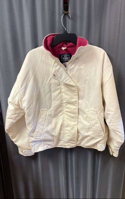 Vintage 90s Woolrich Woman White Pink Fleece Lined Bomber Jacket Made USA Sz M