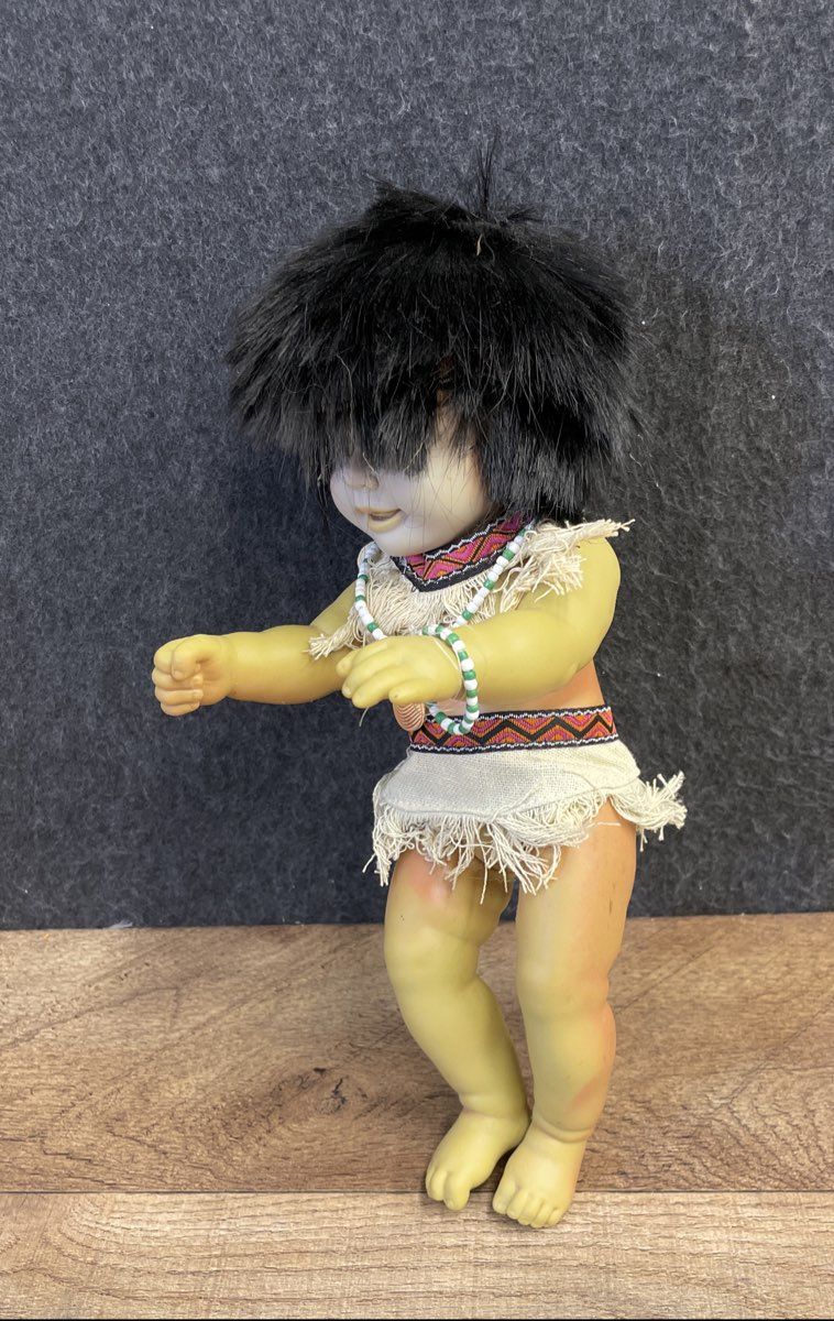 Vintage Native American Style Doll Vinyl 13" Beaded Outfit Faux Fur Hair
