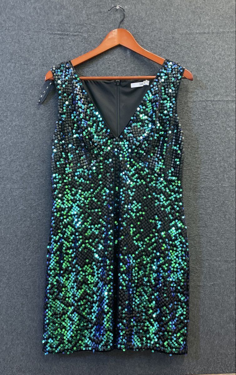 SHO Women's Teal Blue Iridescent Sequin Sleeveless V-Neck Sheath Dress Size L