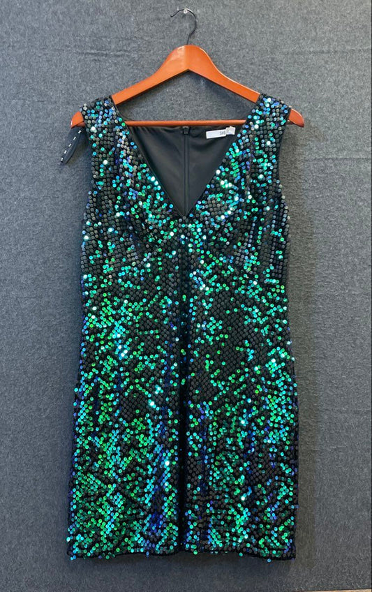 SHO Women's Teal Blue Iridescent Sequin Sleeveless V-Neck Sheath Dress Size L