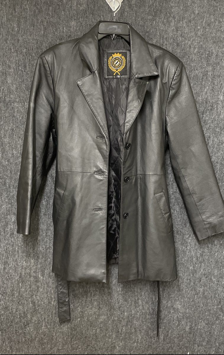 Michael Michelle Women's Black Genuine Leather Belted Trench Jacket Sz L