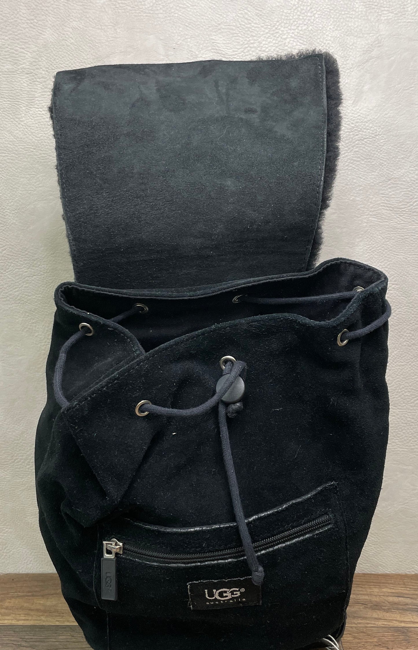 Vintage UGG Australia Black Suede Shearling Drawstring Backpack Silver Hdw