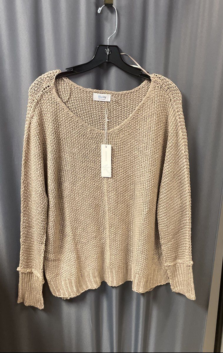 Bluivy Women's Taupe Loose Open Knit V-Neck Pullover Sweater NWT Sz M/L