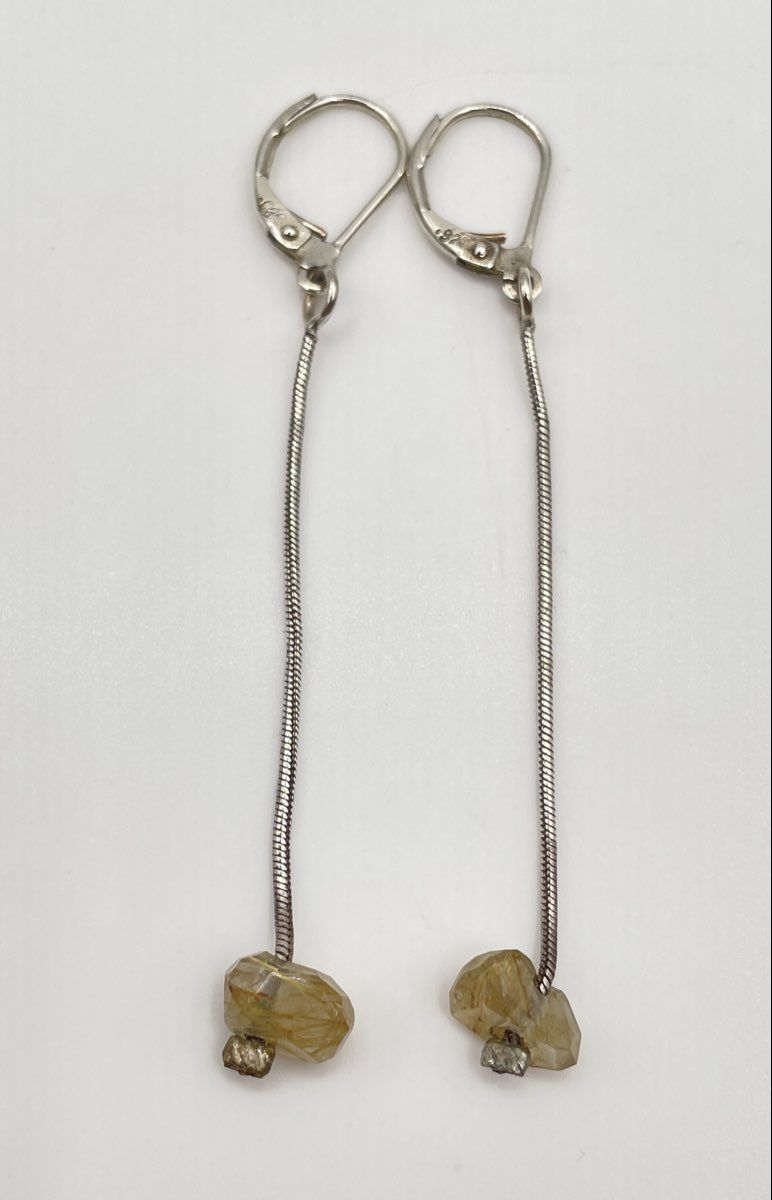 925 Sterling Silver Rutilated Quartz Dangle Leverback Earrings 2g