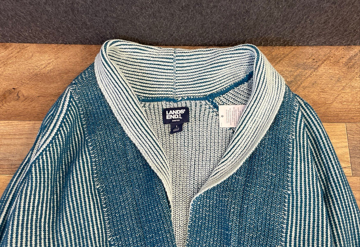 Lands' End Women's Drifter Cardigan Blue White Cotton Open Front Sz L NWT