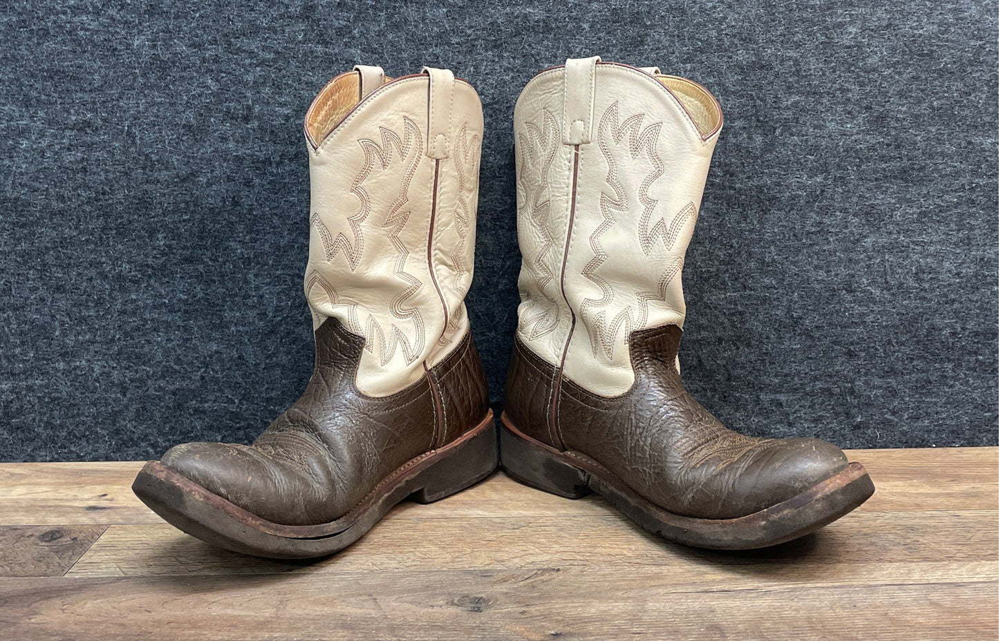 Two-Tone Leather Western Cowboy Boots Cream Brown Pebbled Vamp Men's Size 10