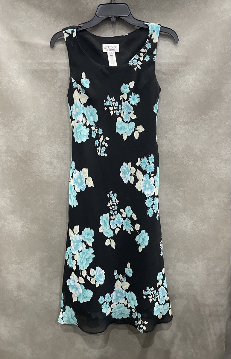 Vintage Y2K Studio I Women's Black Blue Floral Sleeveless Sheath Dress Sz 6P