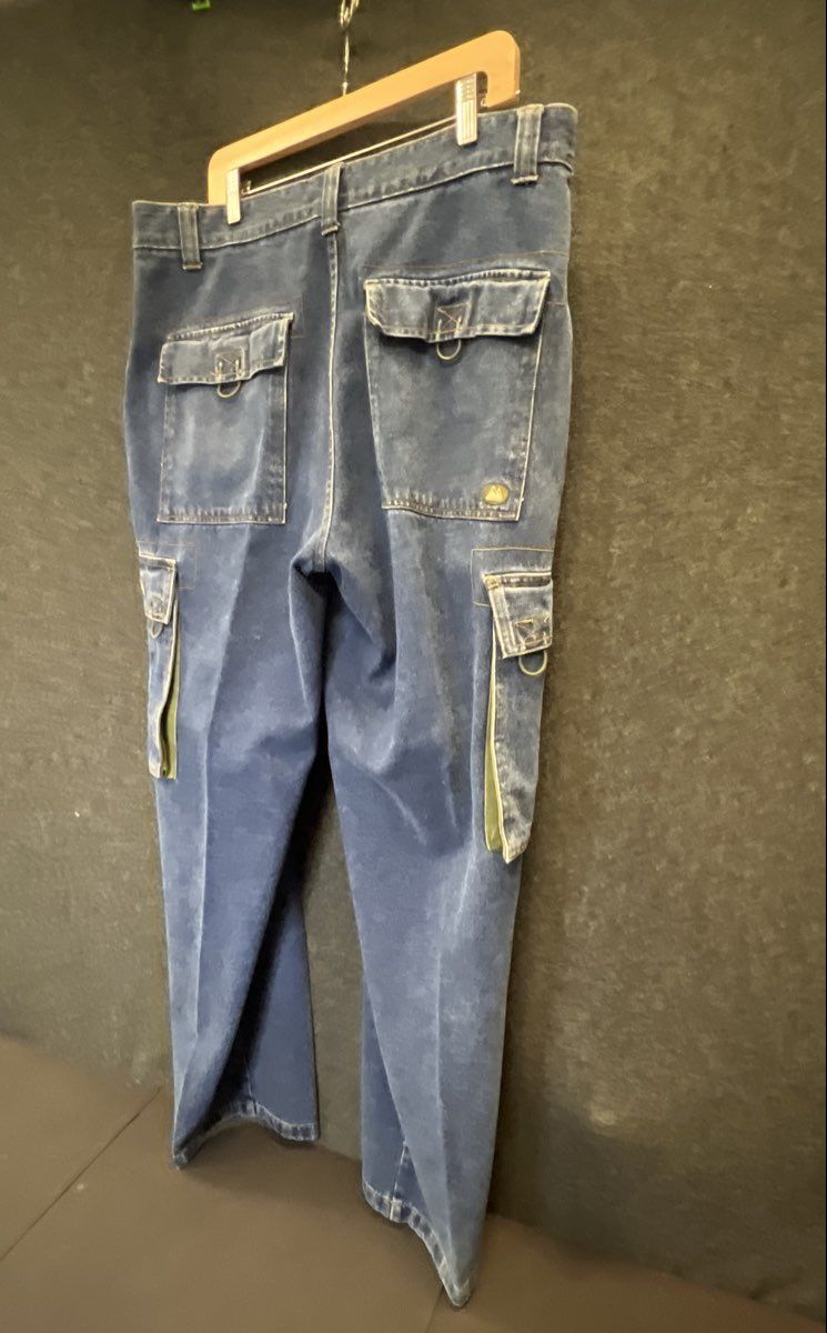 Vintage 90s First Down Men's Blue Baggy Cargo Denim Jeans Multi-Pocket Sz 38x34