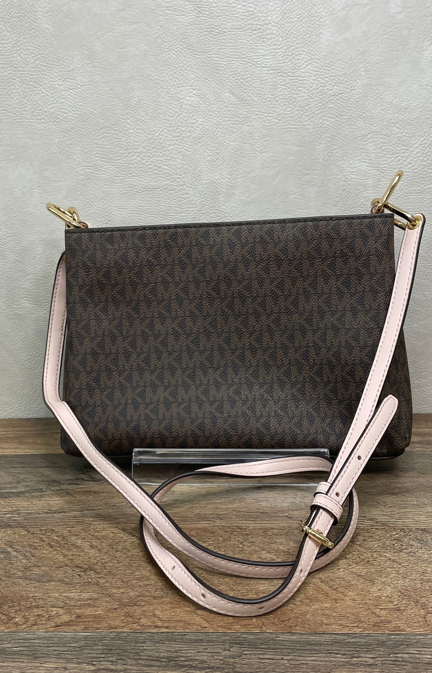 Michael Kors Brown Monogram Pink Jet Set East West Crossbody Bag Gold Hardware