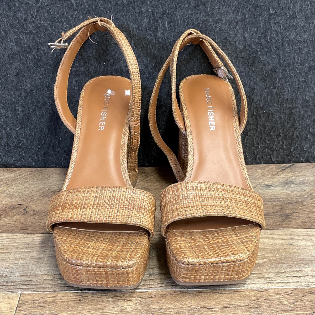 Marc Fisher Woven Raffia Platform Block Heel Sandals Women's Tan Size 6.5