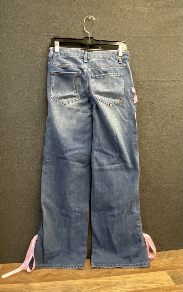 Simple Society Women's Blue Pink Ribbon Lace-Up Side Jeans Sz 1/25