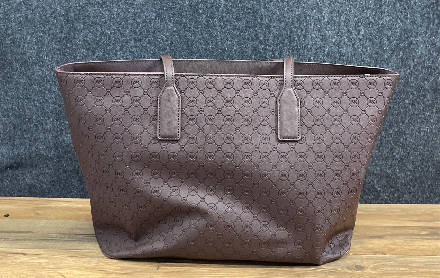 Anne Klein Brown Monogram Logo Embossed Tote Bag with Pouch Gold Hardware