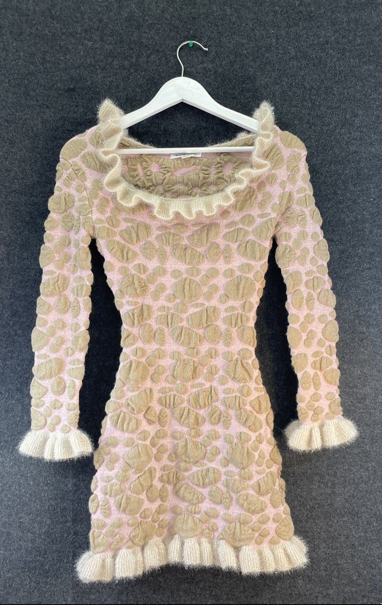 Lin Chao Zhang Women's Pink Bubble Textured Knit Ruffled Mini Dress NWT Sz M/L