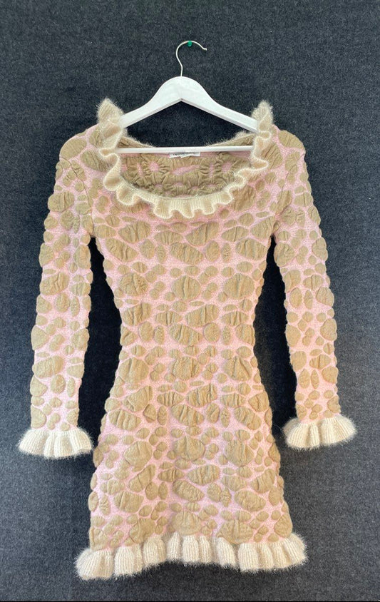 Lin Chao Zhang Women's Pink Bubble Textured Knit Ruffled Mini Dress NWT Sz M/L