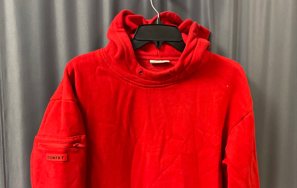 Comfrt Red Pullover Hoodie Heavyweight Utility Sleeve Pockets Sz XS