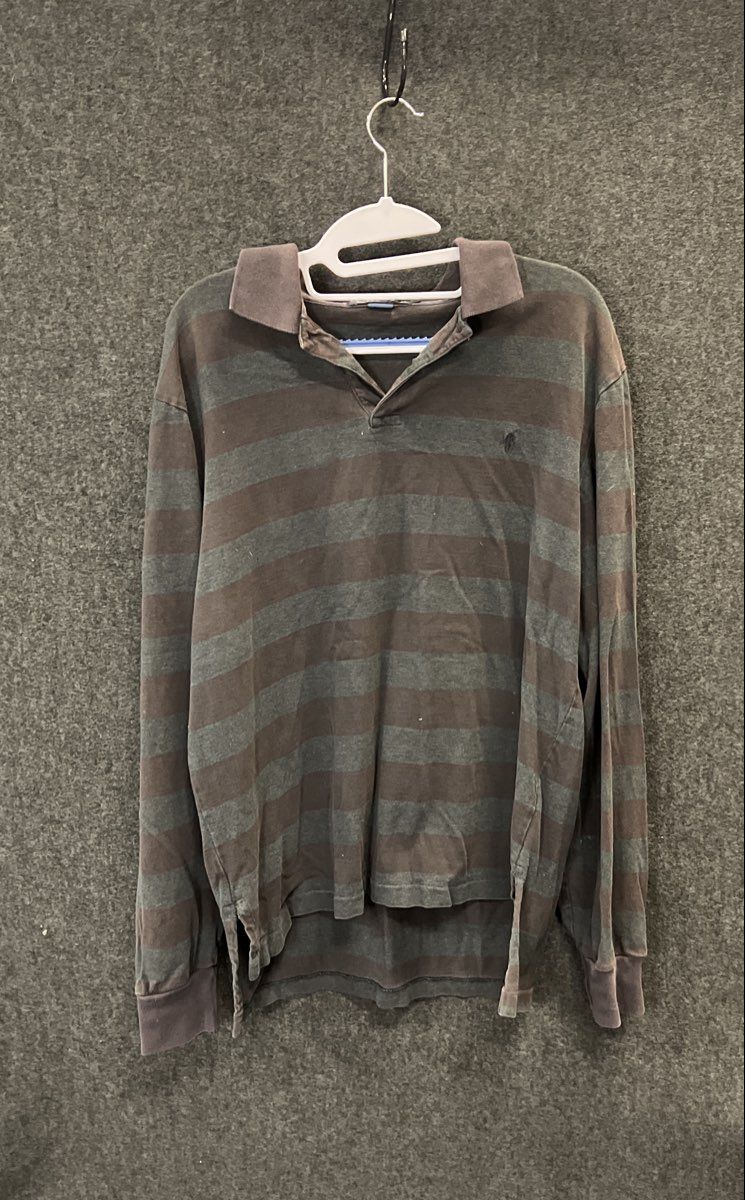 Polo Ralph Lauren Men's Charcoal Grey Striped Long Sleeve Polo Shirt Sz L