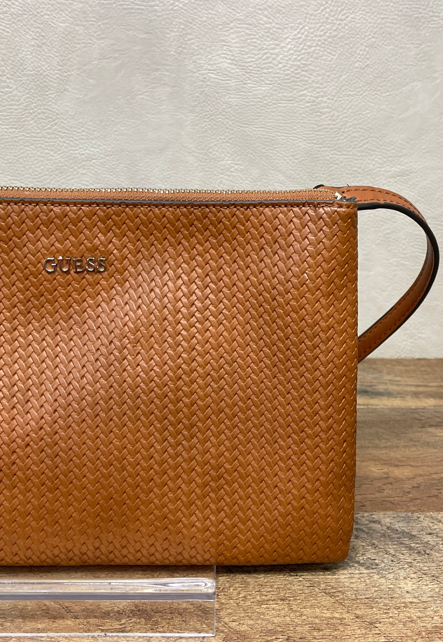 Guess Brown Woven Faux Leather Crossbody Bag Gold Tone Hardware