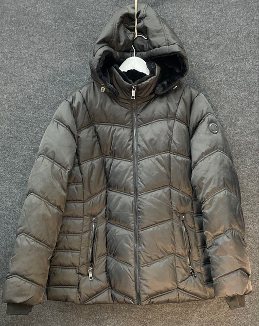 Nautica Women's Dark Gray Chevron Water Resistant Puffer Jacket Hooded Sz XXL
