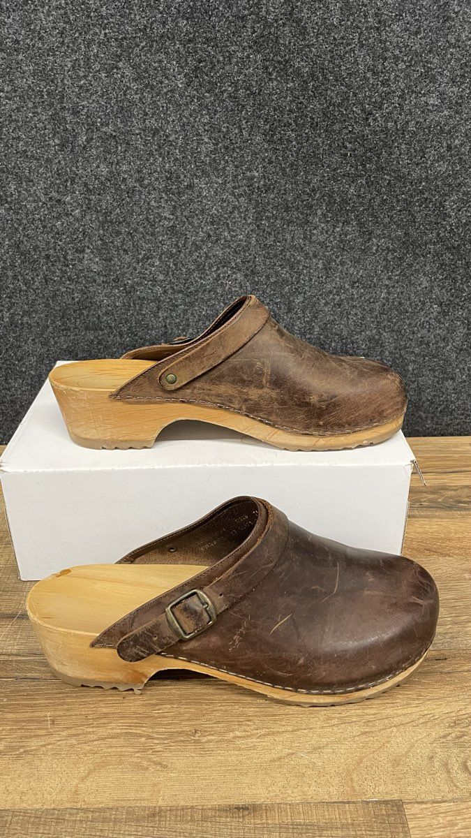 Vintage 90s J. Crew Brown Leather Wood Clogs Buckle Mules Slides Size 10