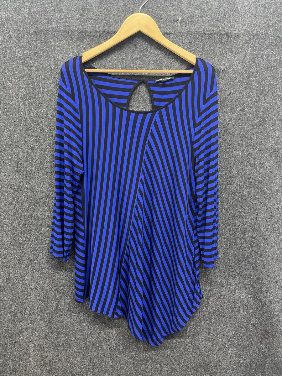 Cable & Gauge Women's Blue Black Striped Keyhole Asymmetric Tunic Top Sz XL
