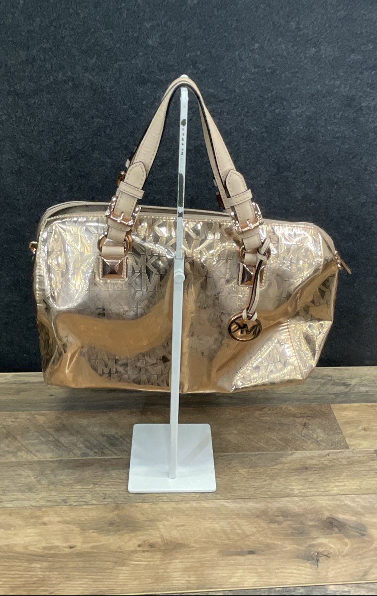 Michael Kors Rose Gold Mirror Monogram Logo Satchel Handbag Rose Gold Hardware