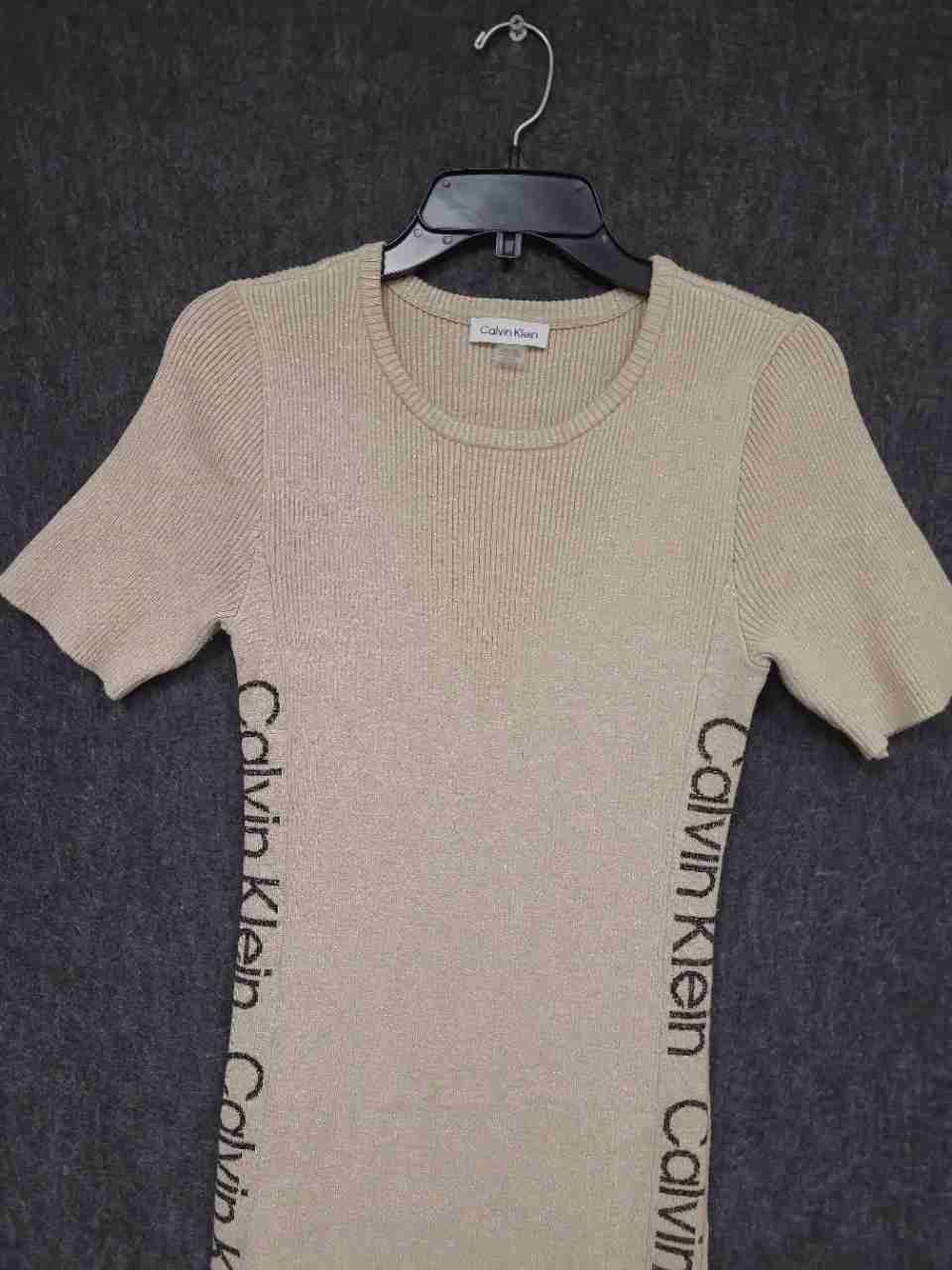 Calvin Klein Women's Beige Gold Ribbed Metallic Logo Tape Midi Dress Sz M